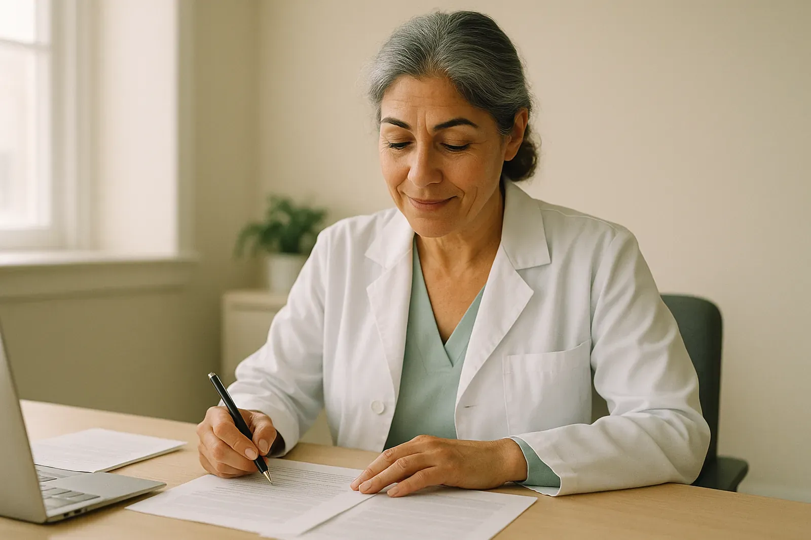 A physician at a desk reviewing printed clinical documents