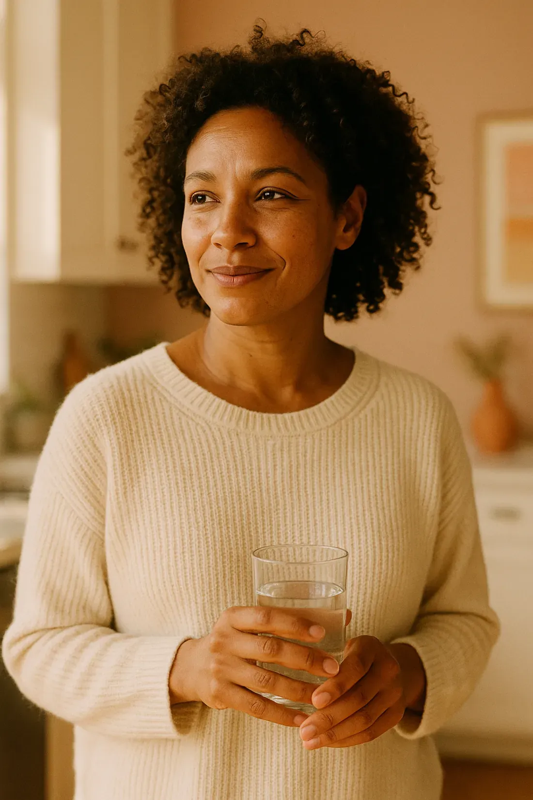A woman standing in a sunlit kitchen holding a glass of water