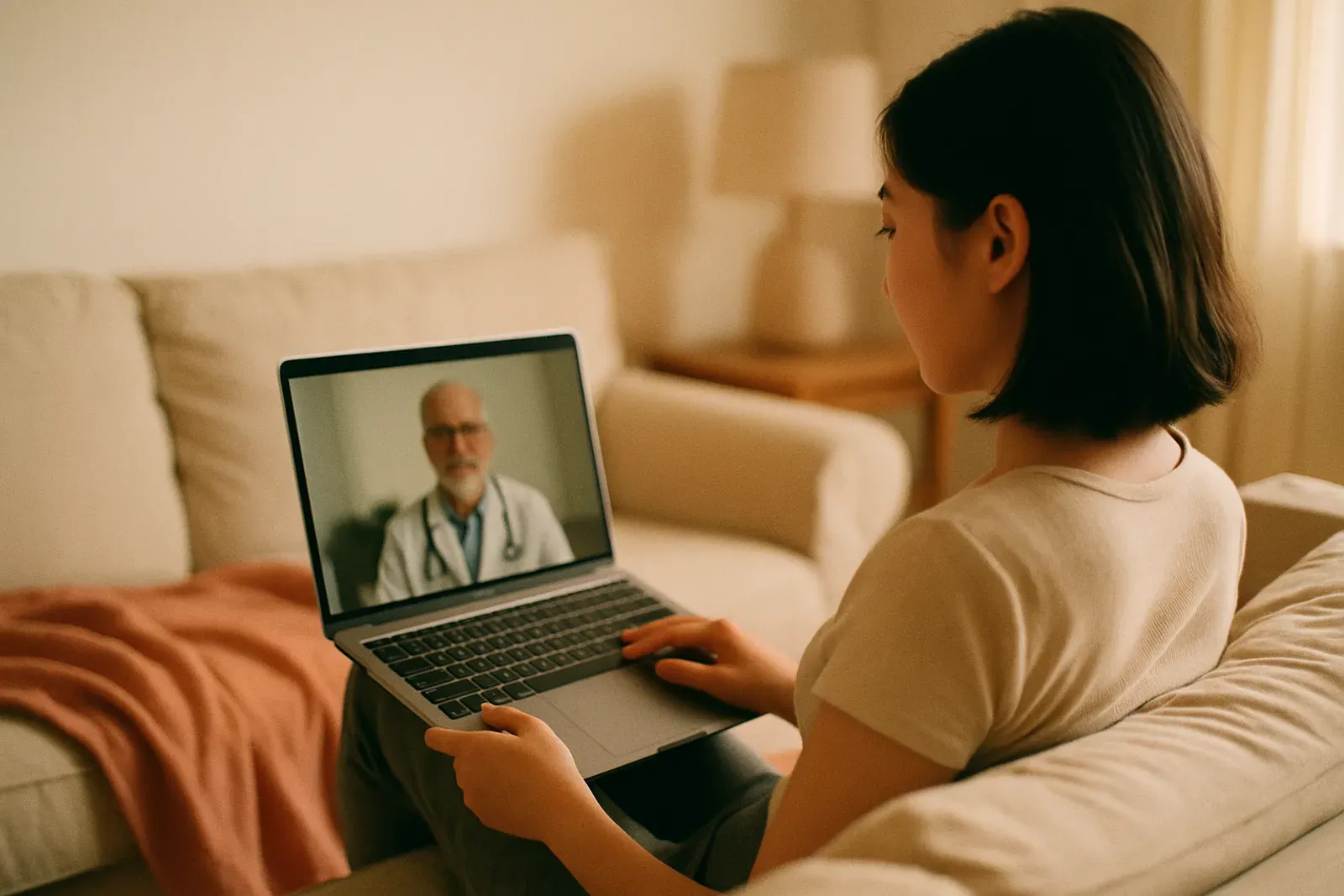 A woman on her sofa at home speaking with a clinician over a video call